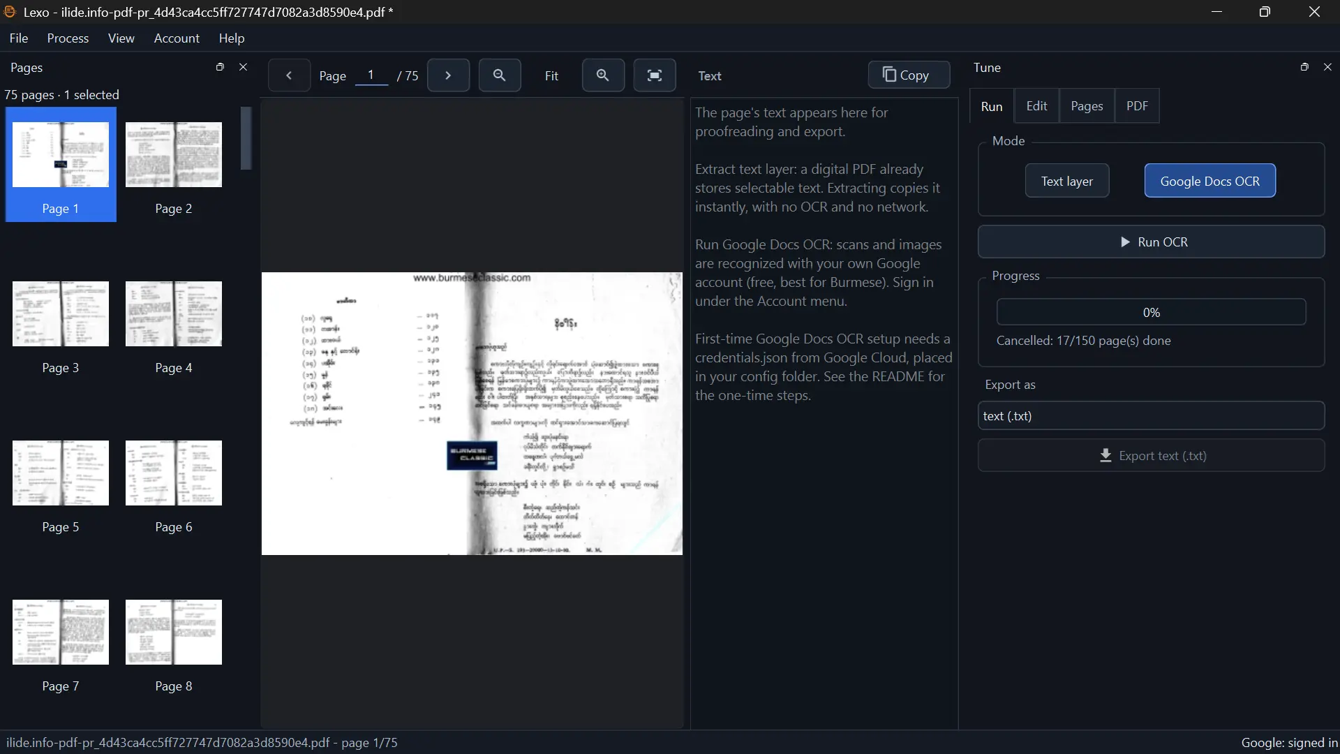 Lexo displaying a scanned Burmese book with split pages and OCR controls