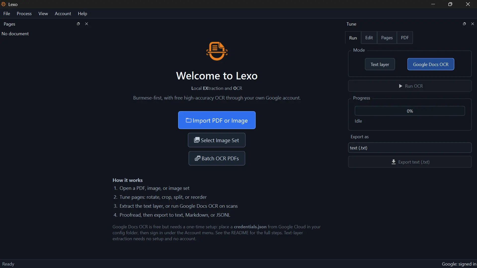 Lexo desktop workspace ready to import a PDF or image for OCR