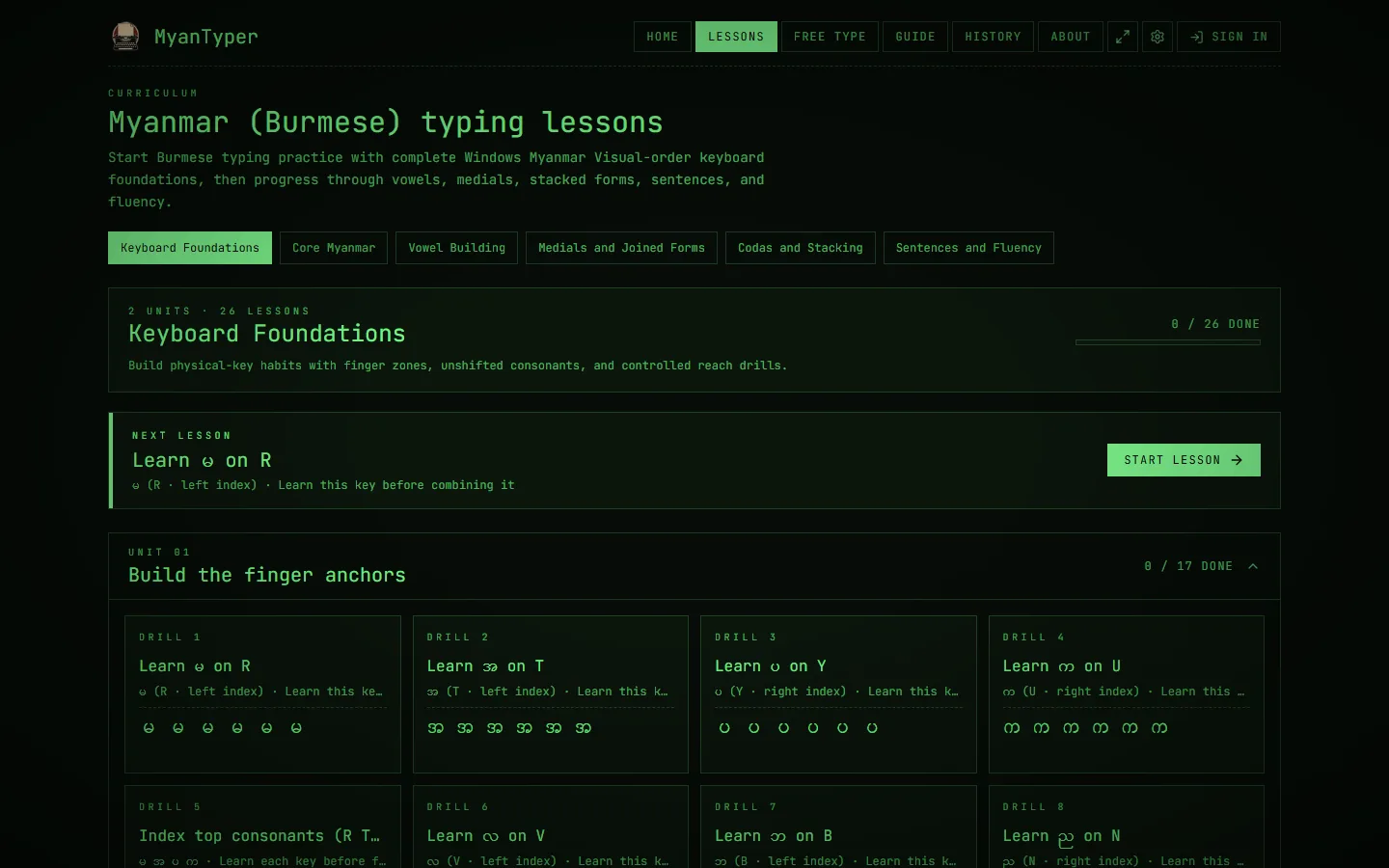 Curriculum page rendered in the Phosphor Terminal theme