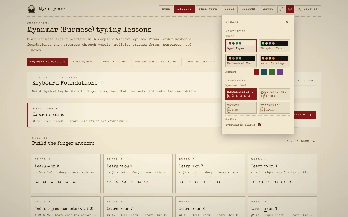 Tweaks panel with theme, accent color, Myanmar font, and audio options