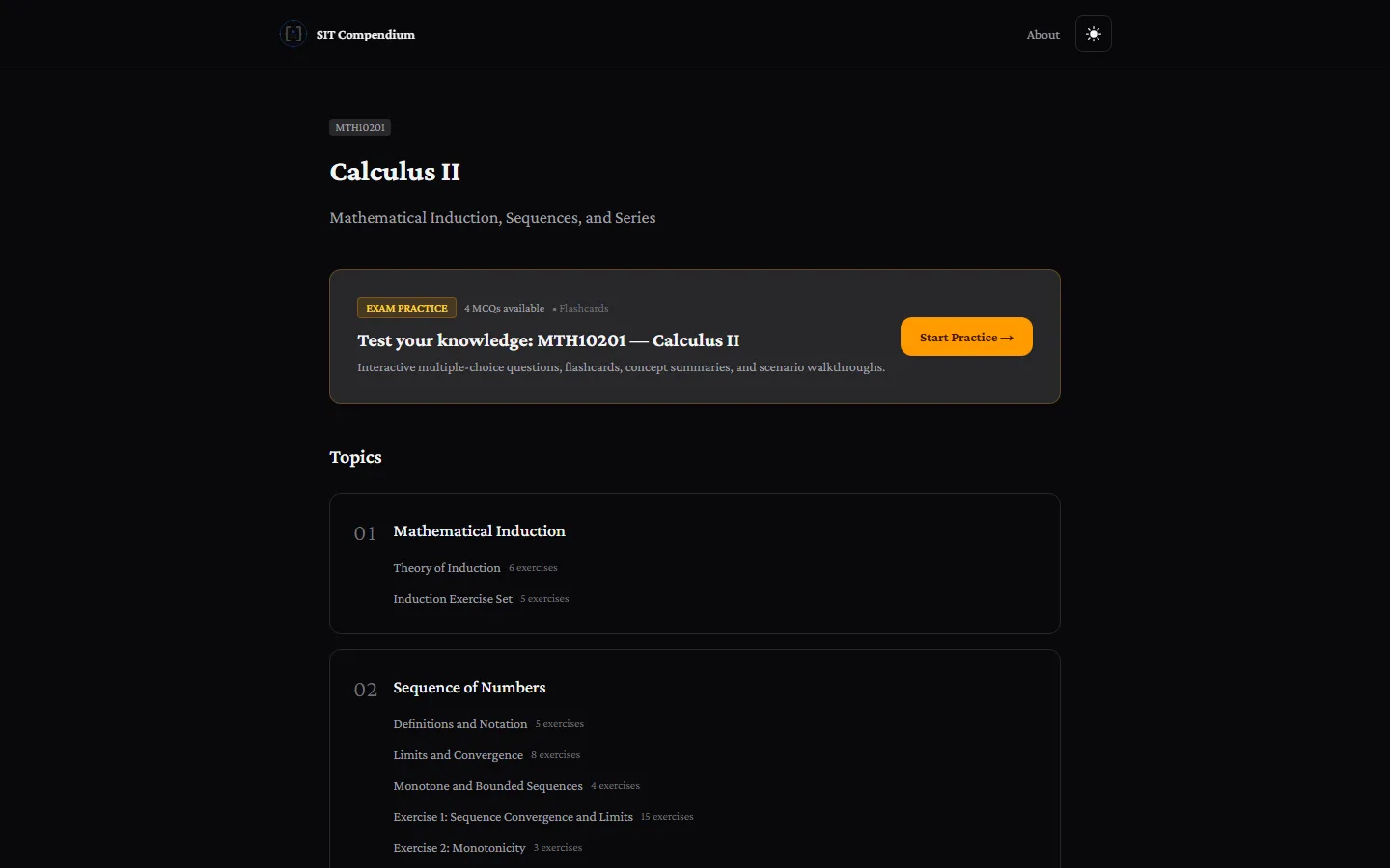 Calculus II course page with a topic hierarchy and a practice call to action