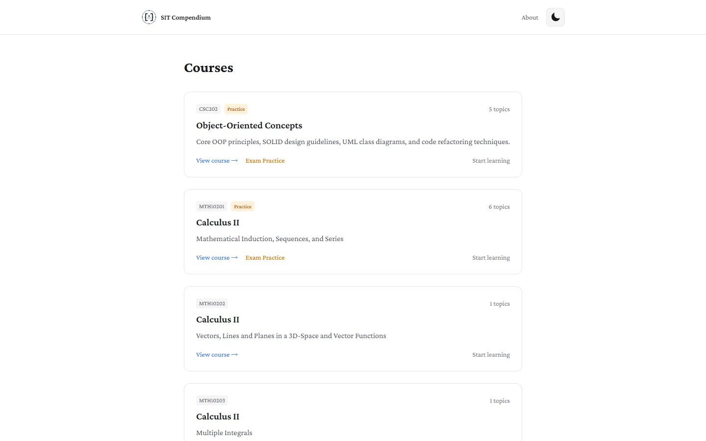 Course list rendered in the light theme