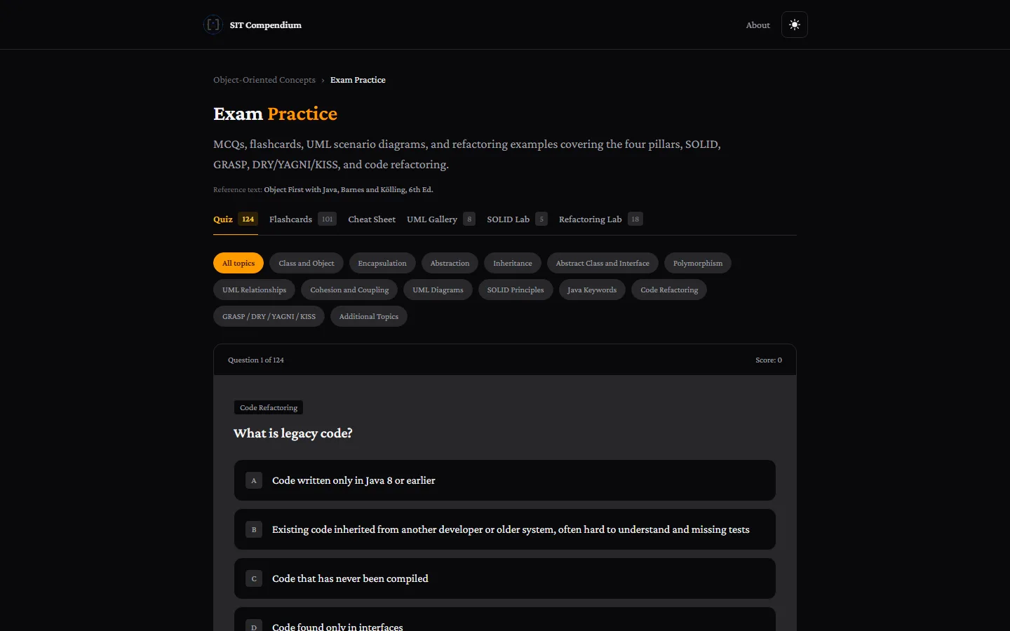 Exam practice quiz with topic filters and a multiple-choice question