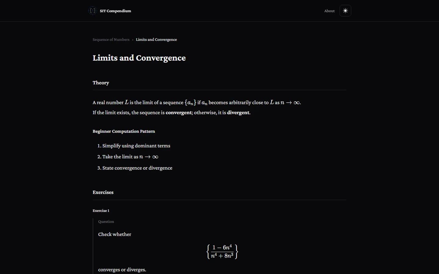 Topic page with KaTeX-rendered theory and a worked exercise