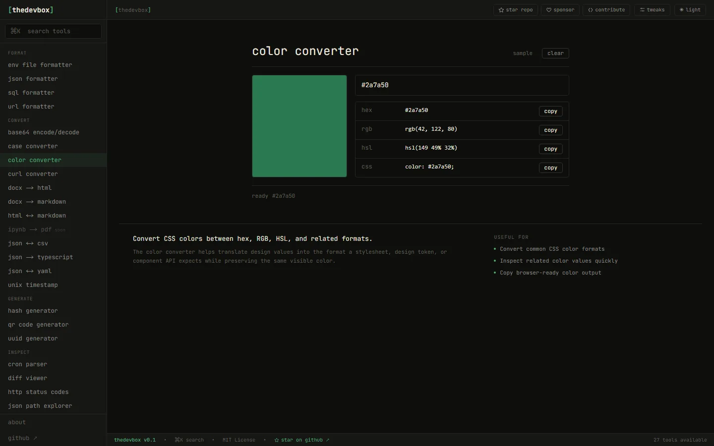Color converter showing a swatch alongside hex, RGB, HSL, and CSS values