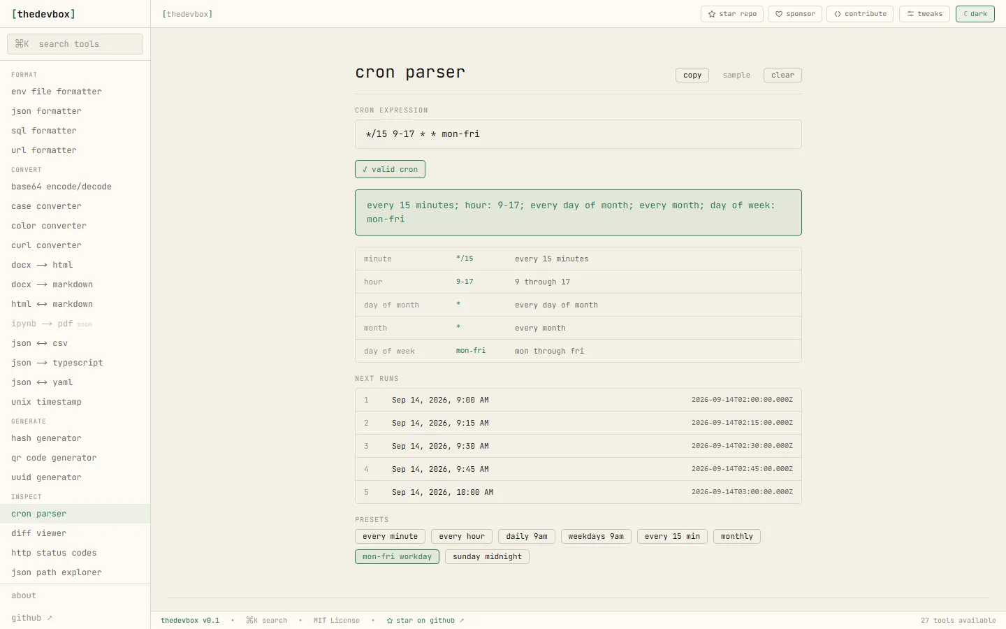 Cron parser in light theme showing a schedule breakdown and next run times