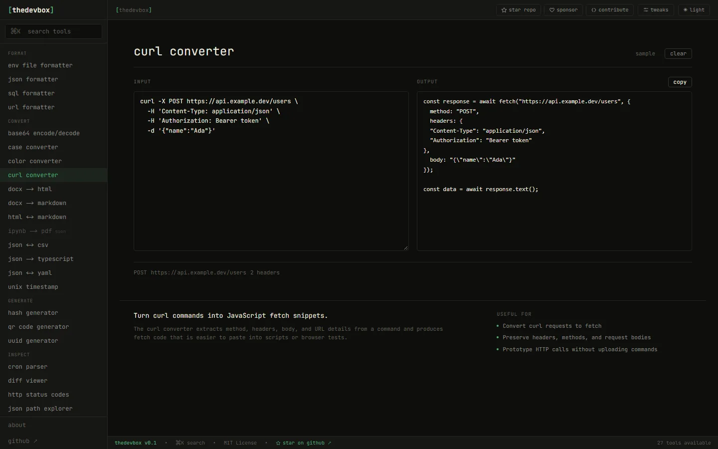 Curl converter turning a curl command into a JavaScript fetch snippet