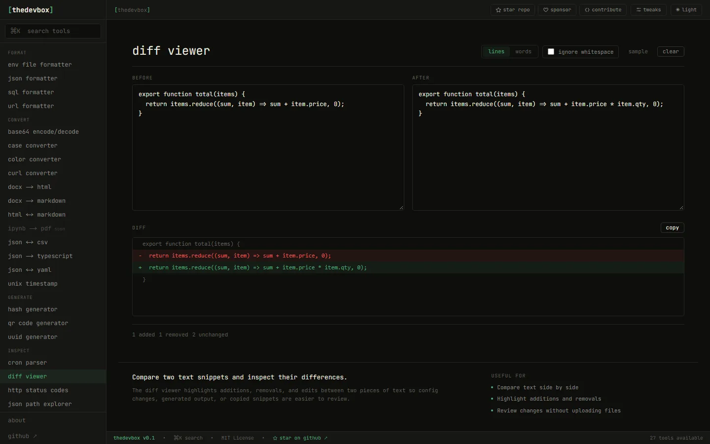Diff viewer comparing two code snippets with additions and removals highlighted