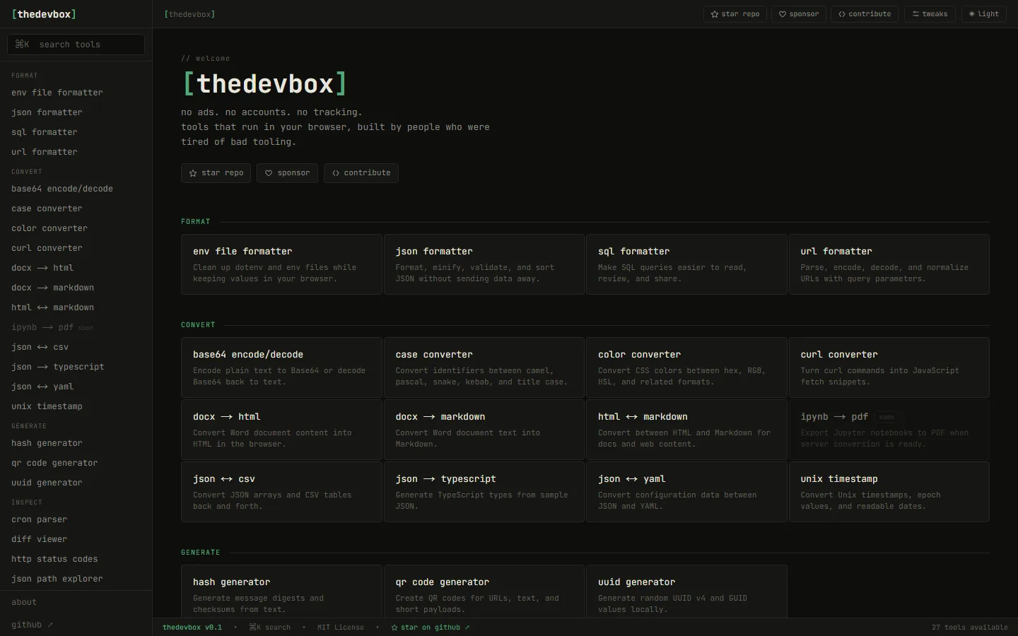 thedevbox tool directory grouped into Format, Convert, Generate, and Inspect