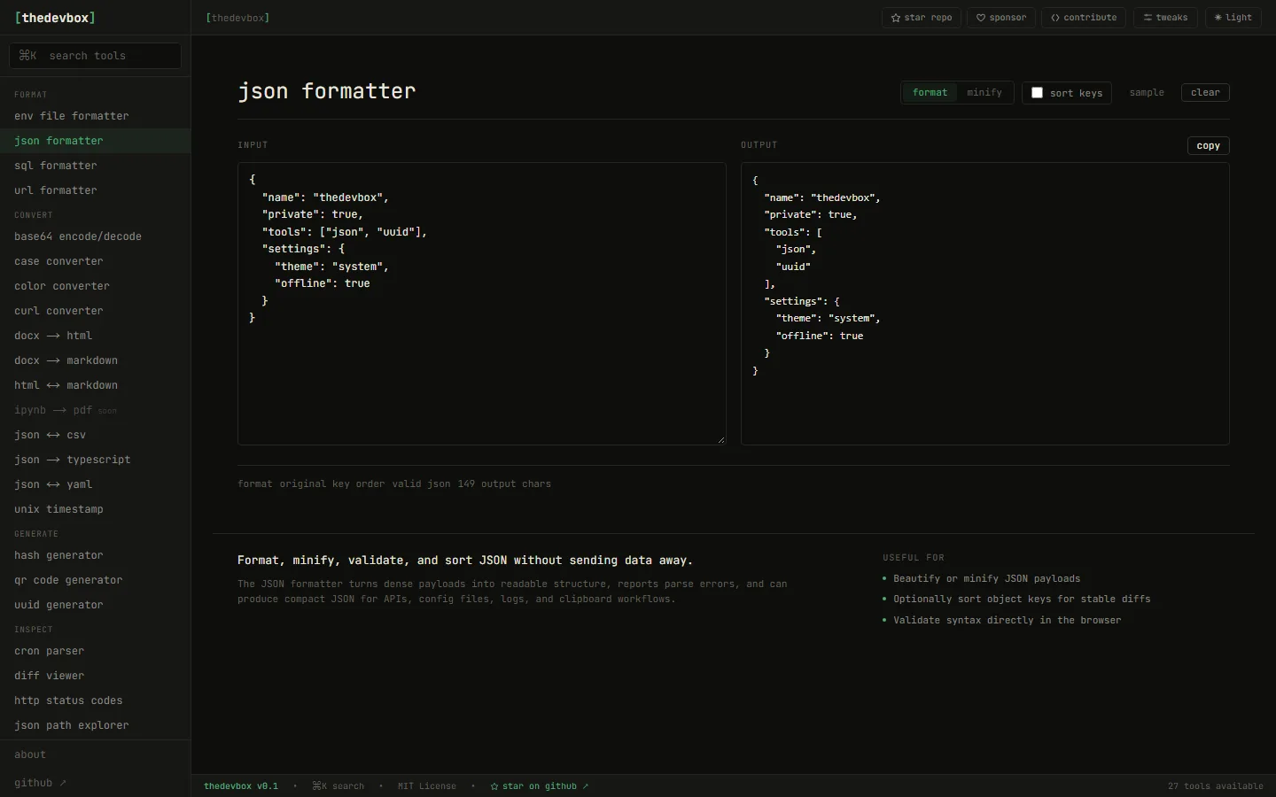JSON formatter with side-by-side input and formatted output