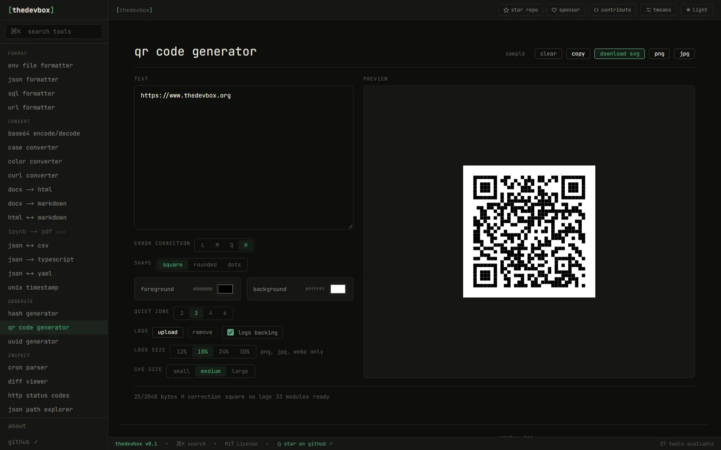QR code generator with error correction, shape, color, and logo options