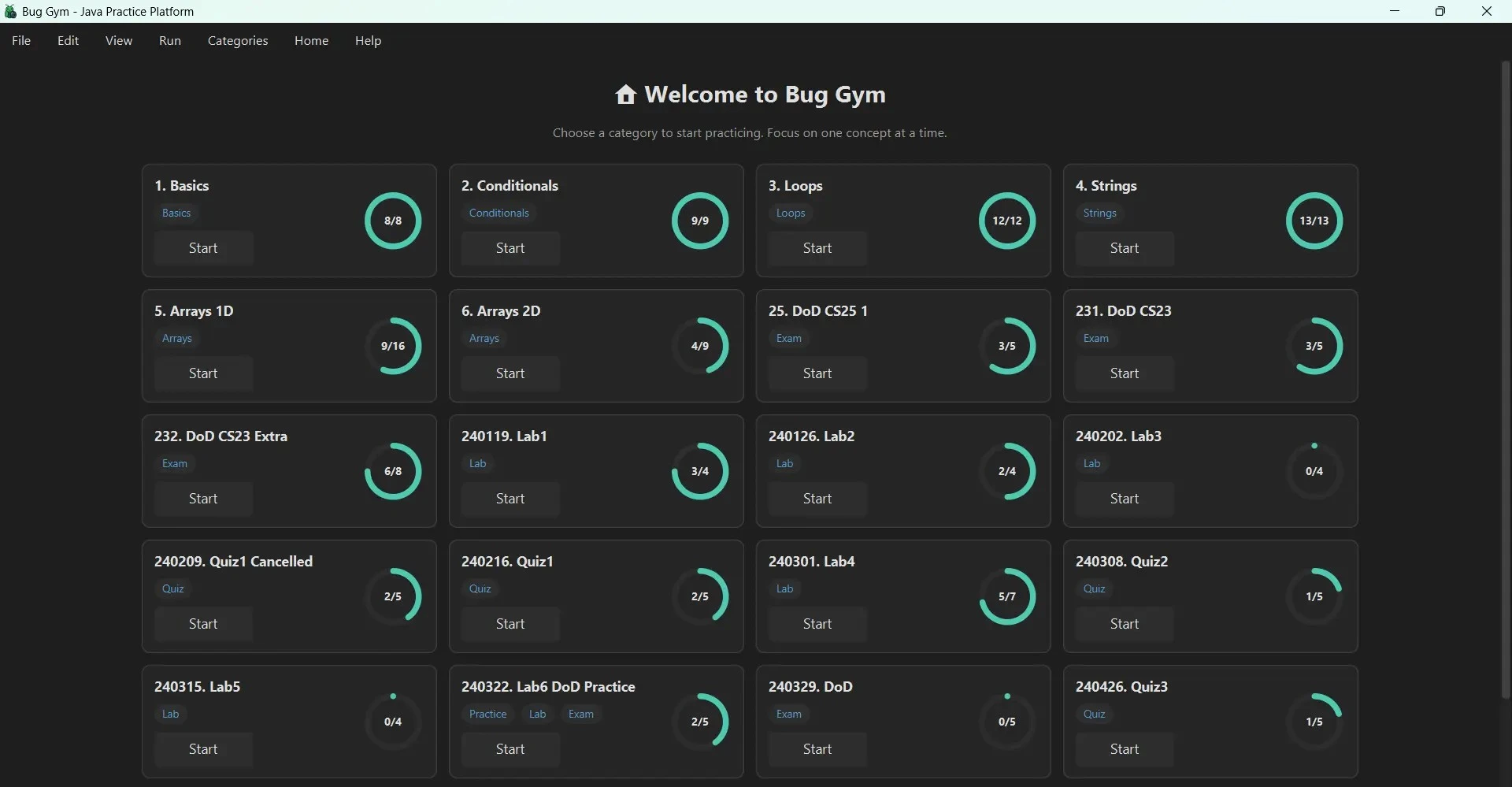 Bug Gym home screen with practice modules