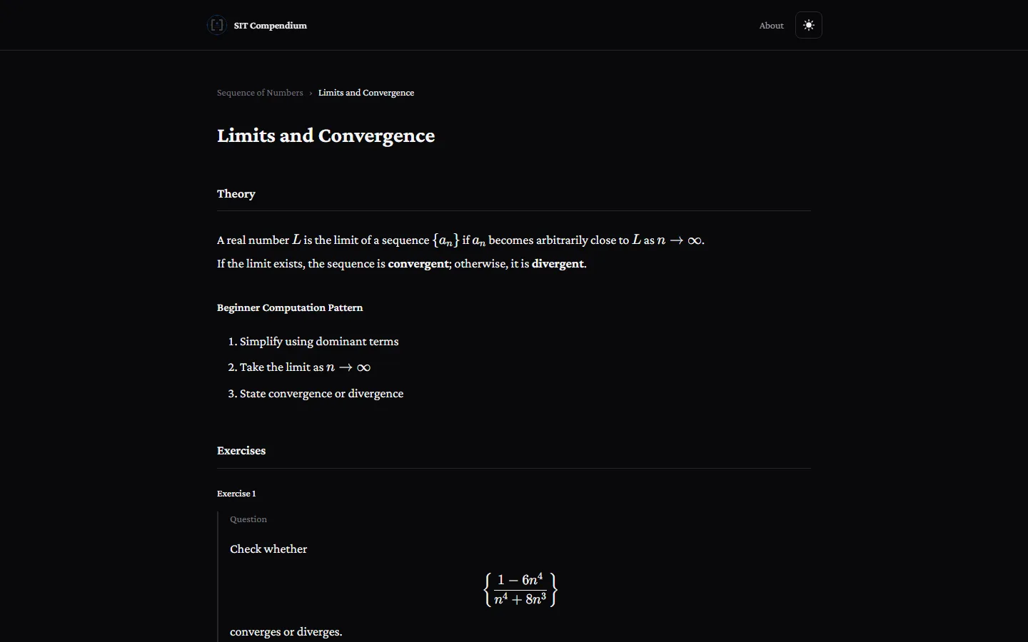 Topic page with KaTeX-rendered theory and a worked exercise